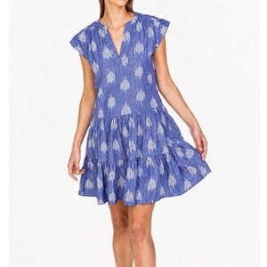 Oliphant Roll Sleeve Mini Dress Ziggy Blue White Ikat Tiered Cotton Pockets L